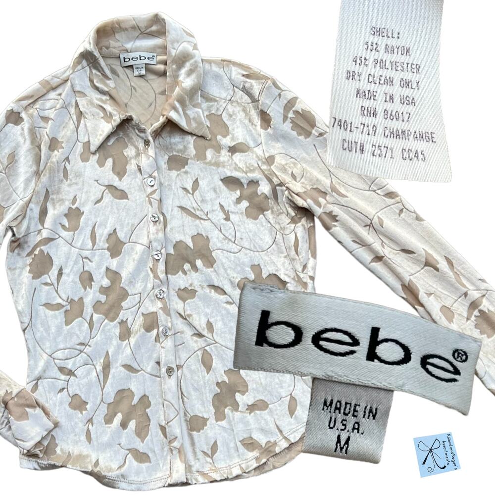 Bebe Champagne Velvet Mesh Sheer Button-up Top Sz M